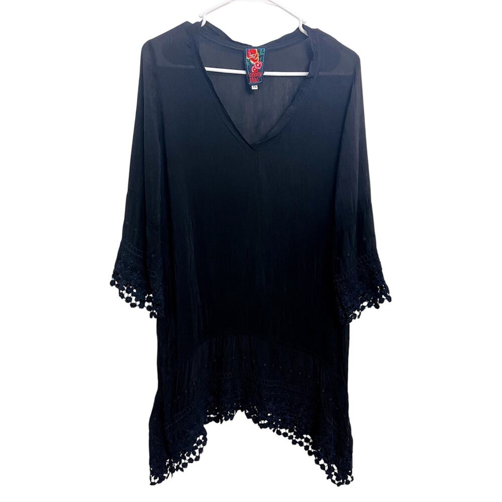 Johnny Was Embroidered Black Navy Tunic‎ Top Blouse Crochet Lace Size XS Artsy